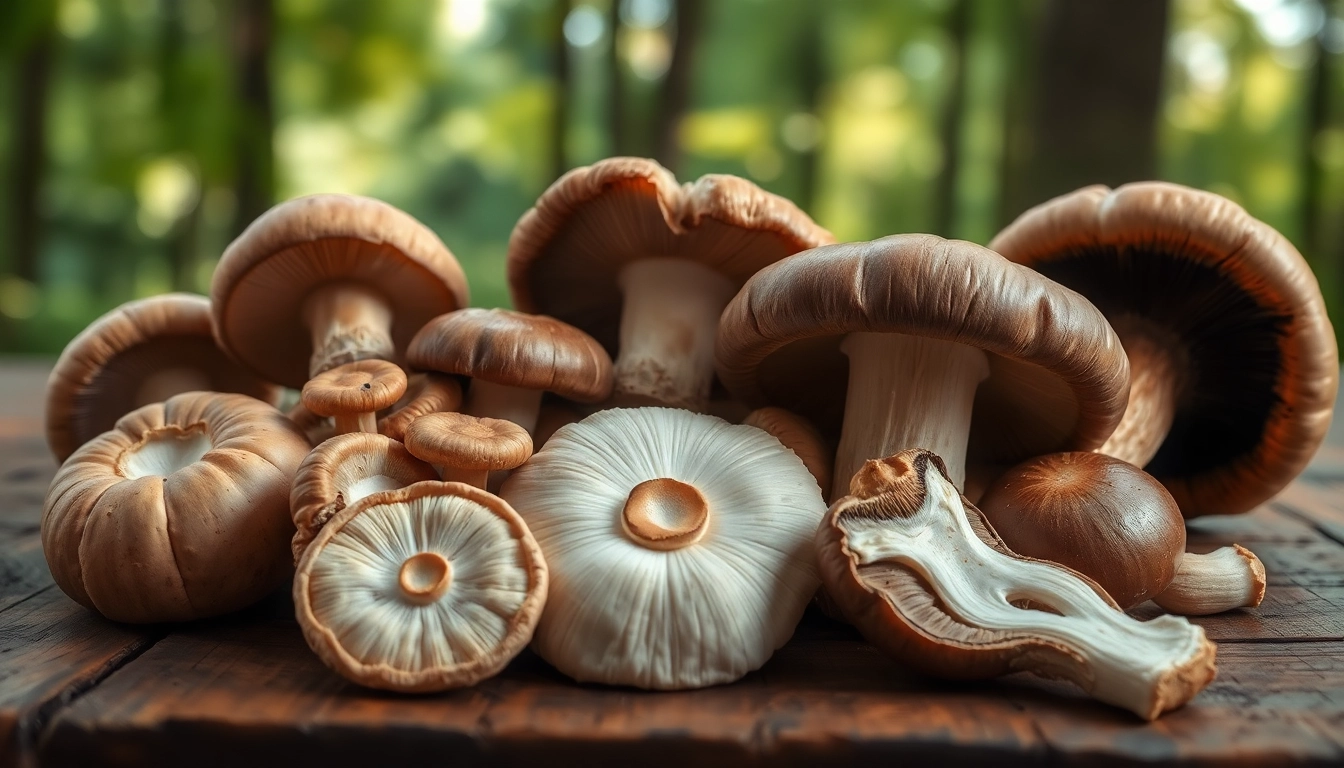 Buy mushrooms online Canada with an artistic display of various mushrooms on a rustic table.