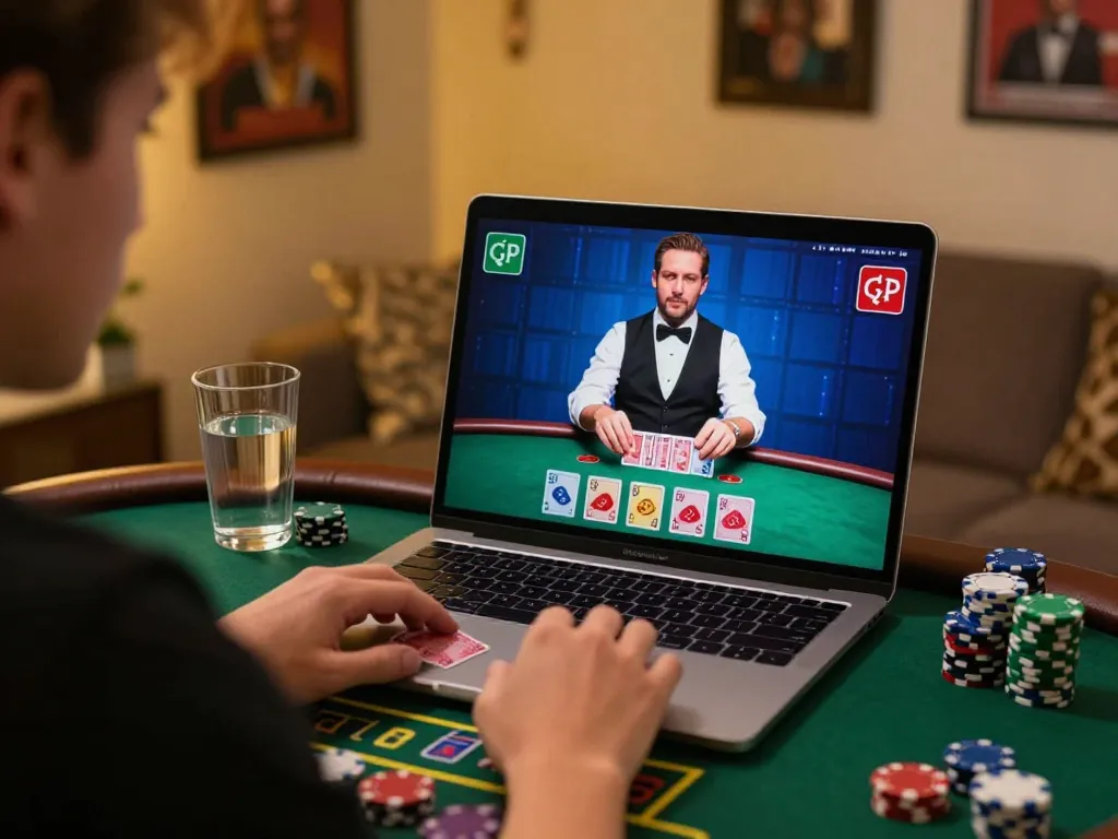 SAY88 engaging in live dealer blackjack online at home with strategic gameplay