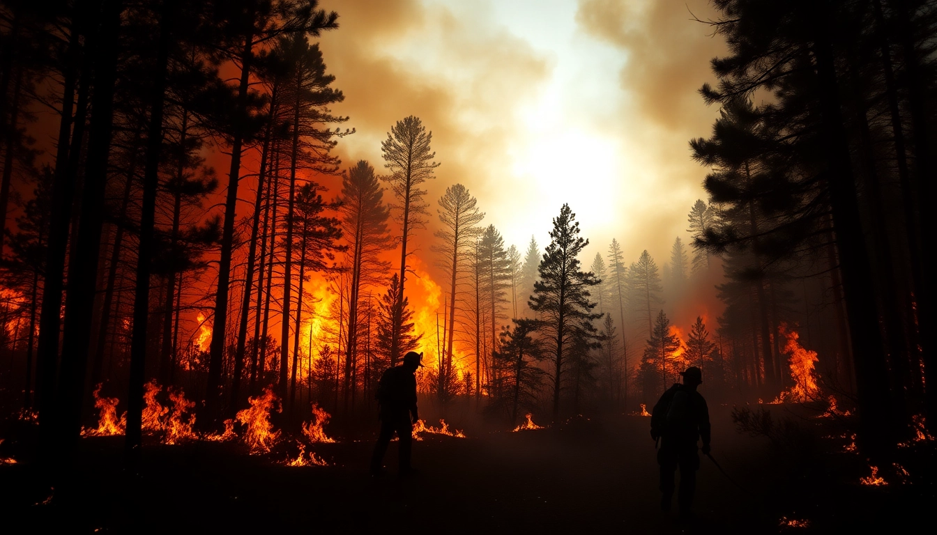 Capturing wildfire events with firefighters battling flames in a smoky forest.