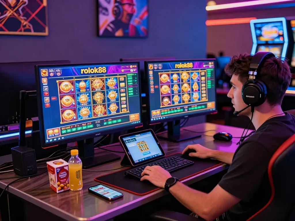 Player enjoying rokok88 slot on dual monitors in vibrant gaming environment.