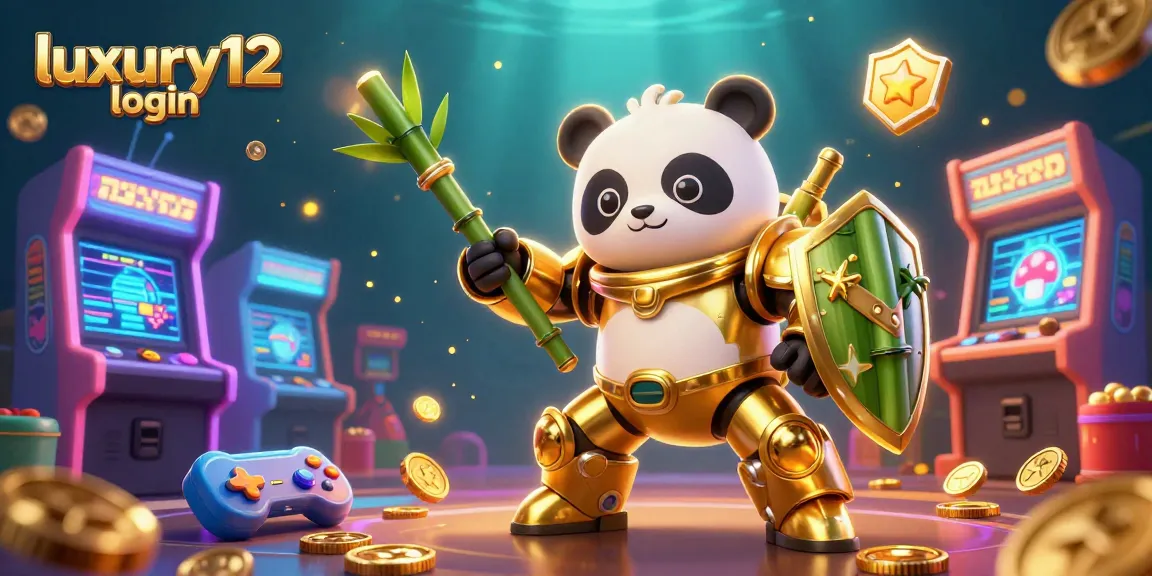 Engage with luxury12 login through this vibrant casino scene featuring a golden panda mech-suit.
