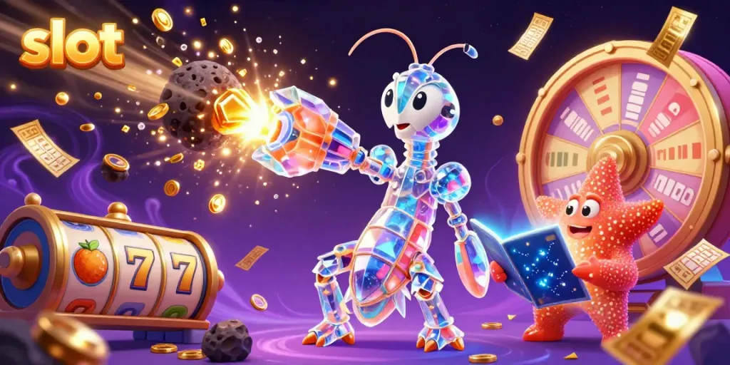Slot yang menarik dengan karakter udang mantis galaksi memecahkan asteroid dan slot mesin berputar, penuh warna.