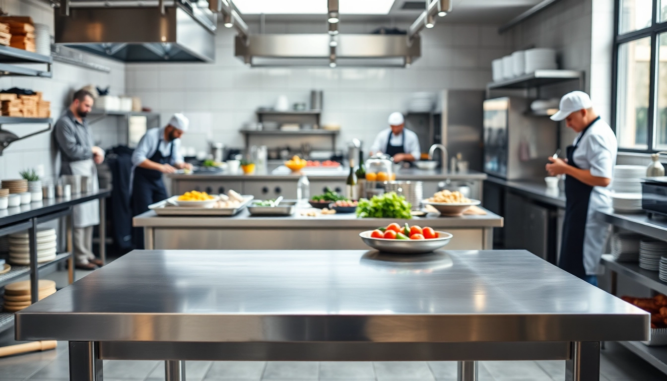 Stainless steel table in a professional kitchen highlighting durability and usability.