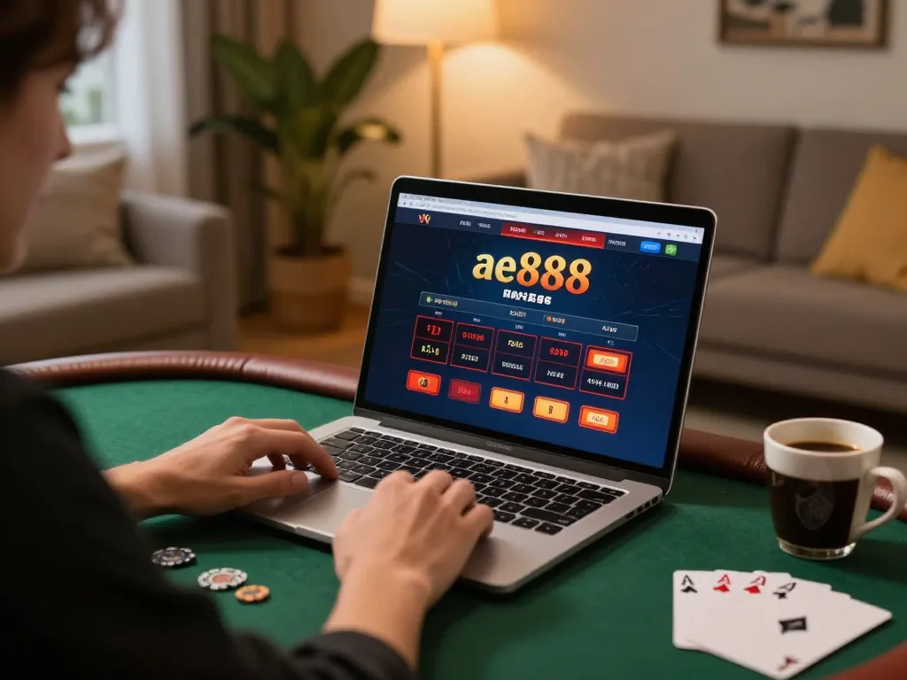Engaging in online poker gaming at ae888 with a laptop setup surrounded by cozy home decor.