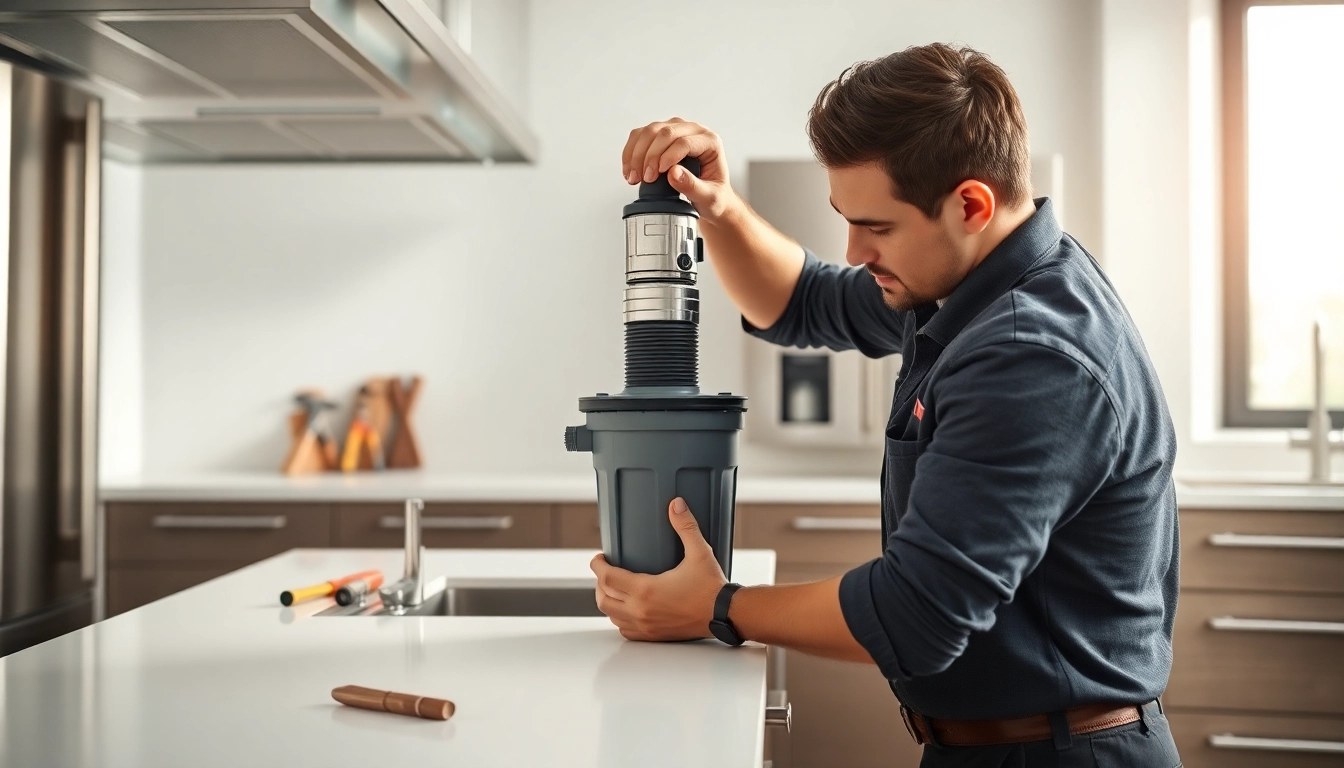 Garbage Disposal Installation process in a bright kitchen with a professional plumber at work.
