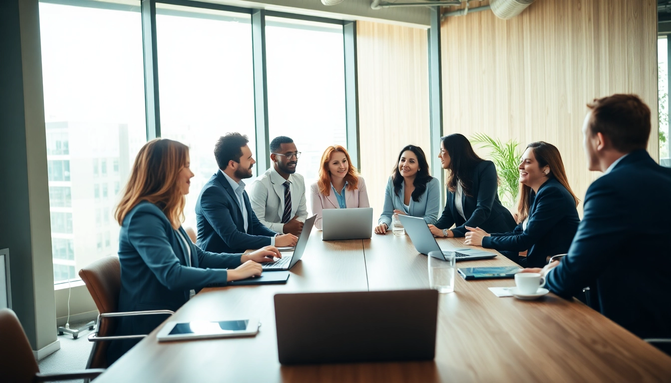 Engaged professionals collaborating in a modern business environment with light-colored decor.