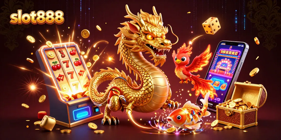 slot888 menampilkan naga emas dan simbol permainan kasino yang menarik.