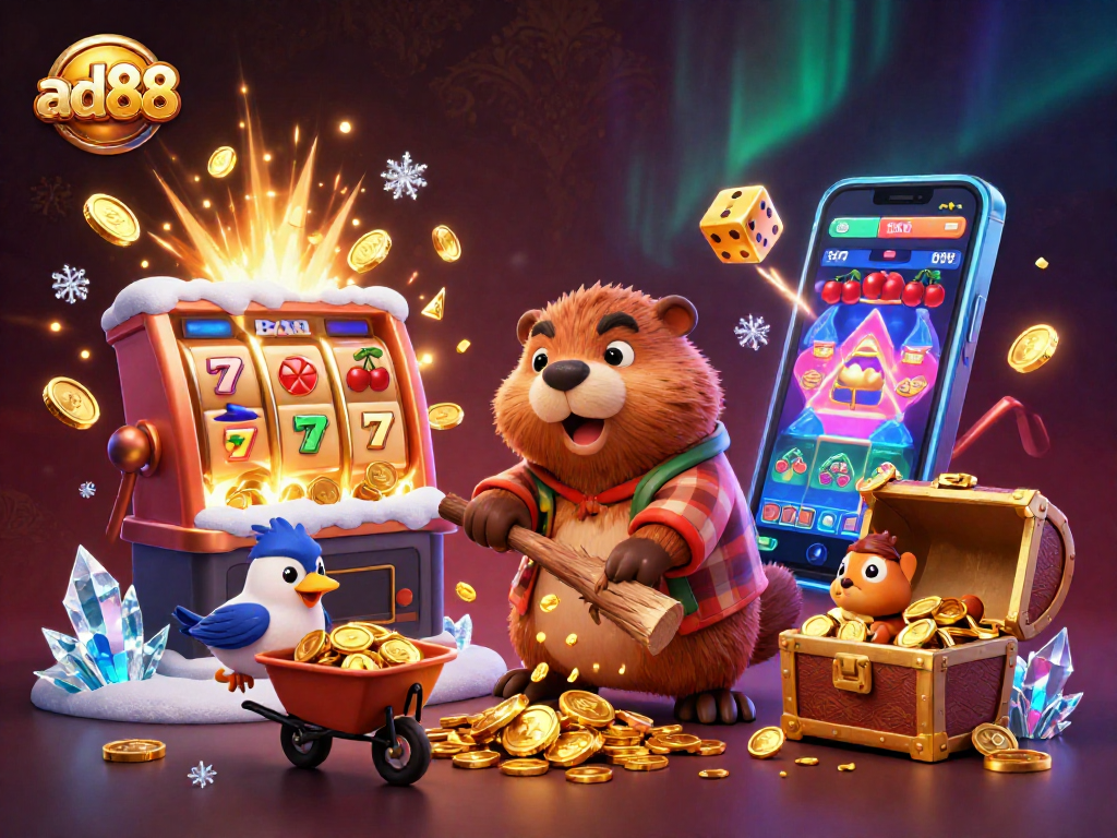 Experience online gaming excitement with ad88 as cartoon characters collect shining coins.