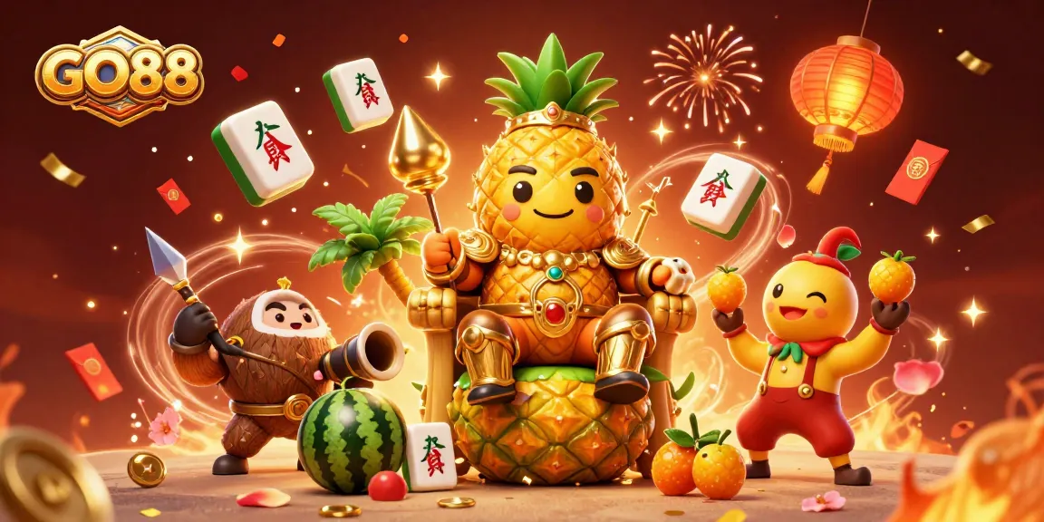 GO88 celebrates casino wins with a lively 3D illustration featuring the pineapple king and vibrant games.
