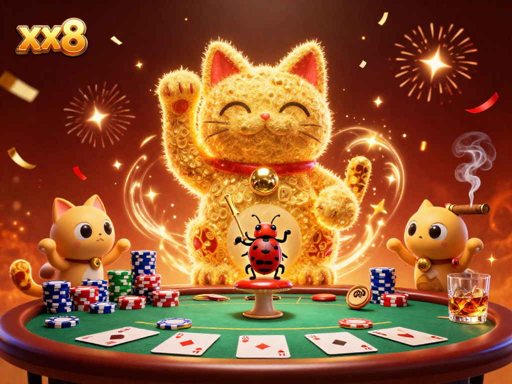 Engage with the vibrant world of xx8's gaming through a captivating illustration of a lucky cat made of fireflies.