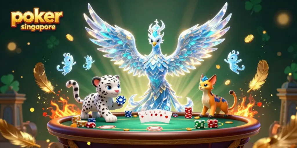 Experience the thrill of poker online Singapore as an ice phoenix and friends engage in a vibrant game.