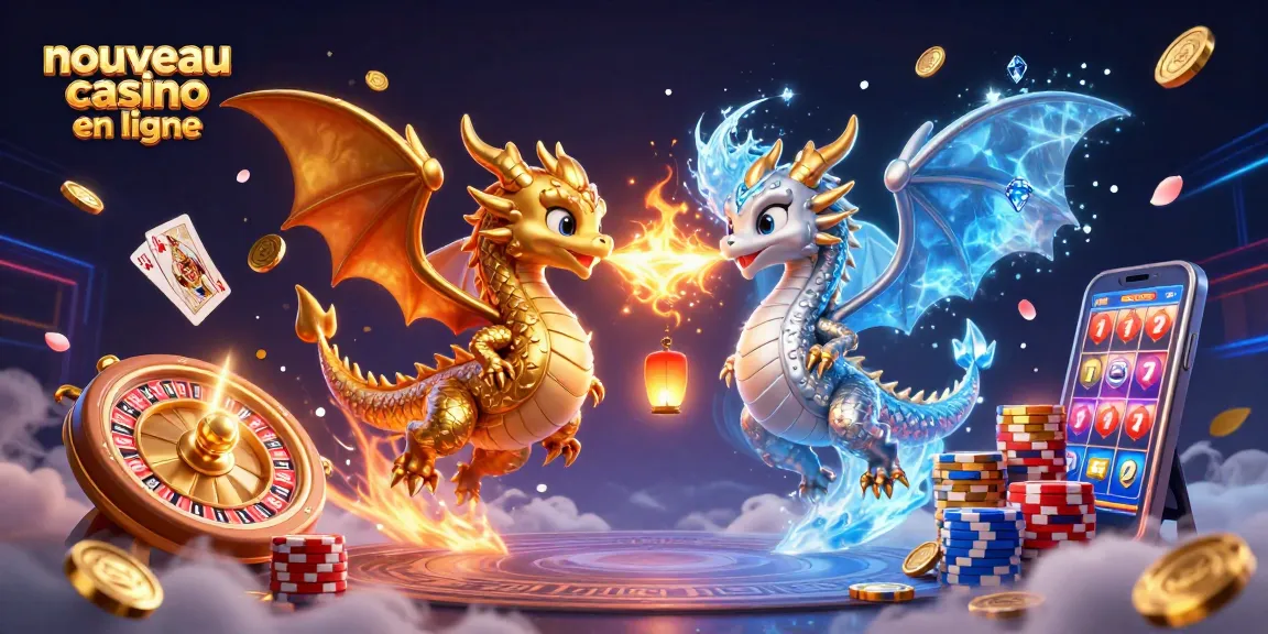 Dans le nouveau casino en ligne, dragons d'or et d'argent créent un effet yin-yang, entourés de pièces dorées et de joyaux scintillants.