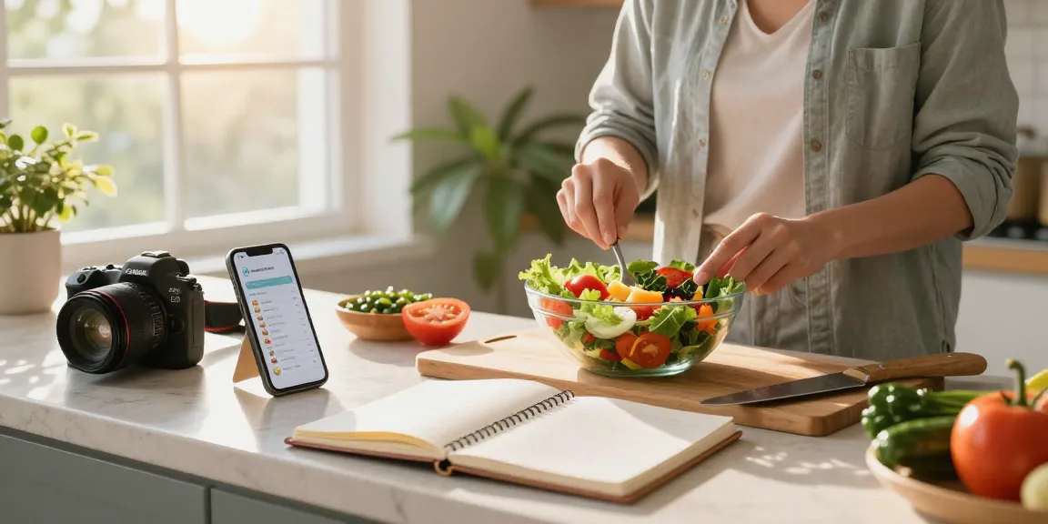 Healthy meal prep with best food tracker app displayed in bright kitchen.