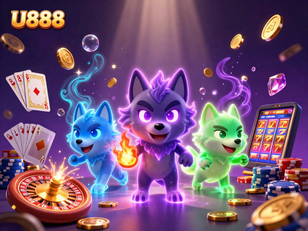Win big with U888 in this vibrant 3D casino scene featuring wolves and exciting gaming elements.