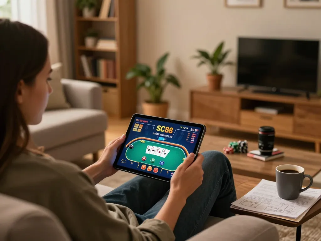 Engaging scene utilizing SC88 casino app on tablet in a cozy home setup for strategic gameplay