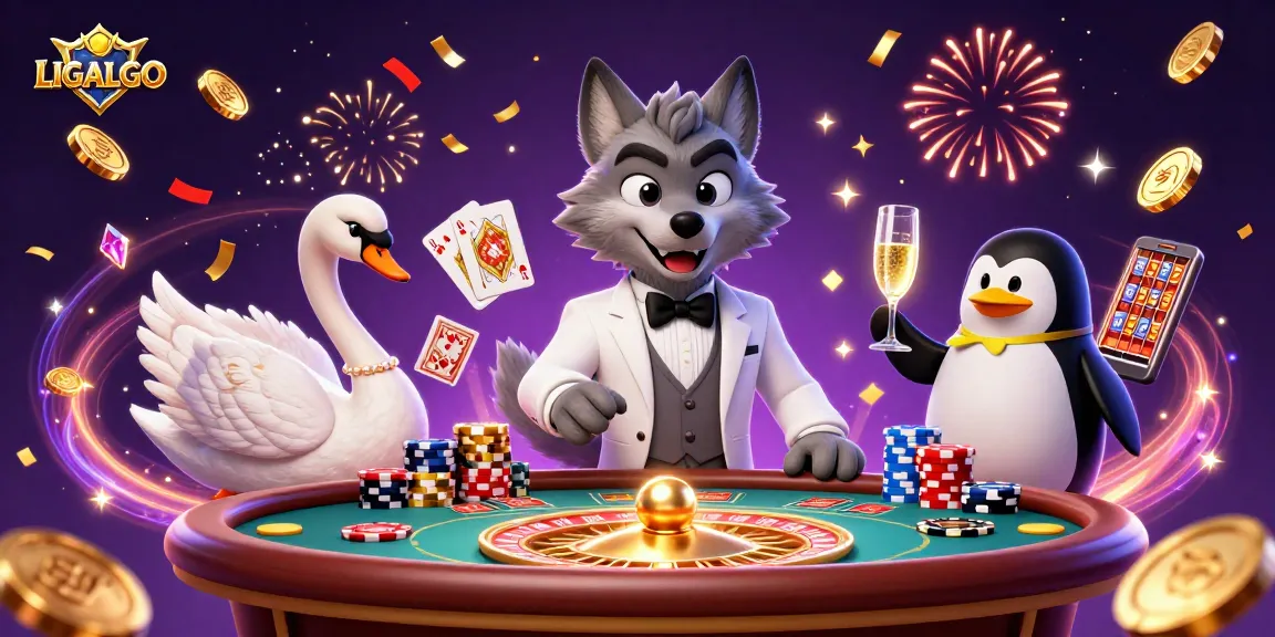 LIGALGO brings excitement with a debonair wolf, elegant swan, and sophisticated penguin in a casino scene.