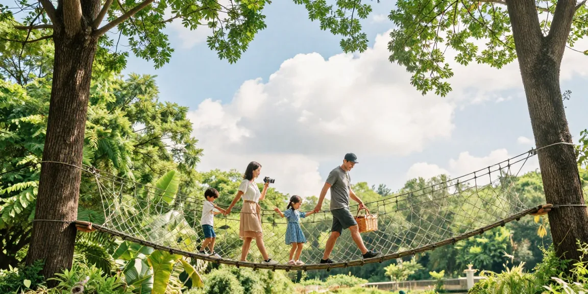Family crossing a rope bridge design, enjoying a sunny day in nature with vibrant greenery around.