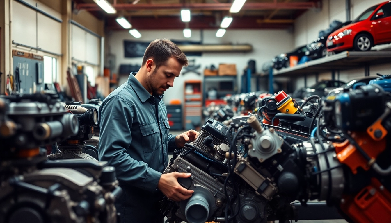 Inspecting used engines in a well-lit auto shop during a productive mechanic session.