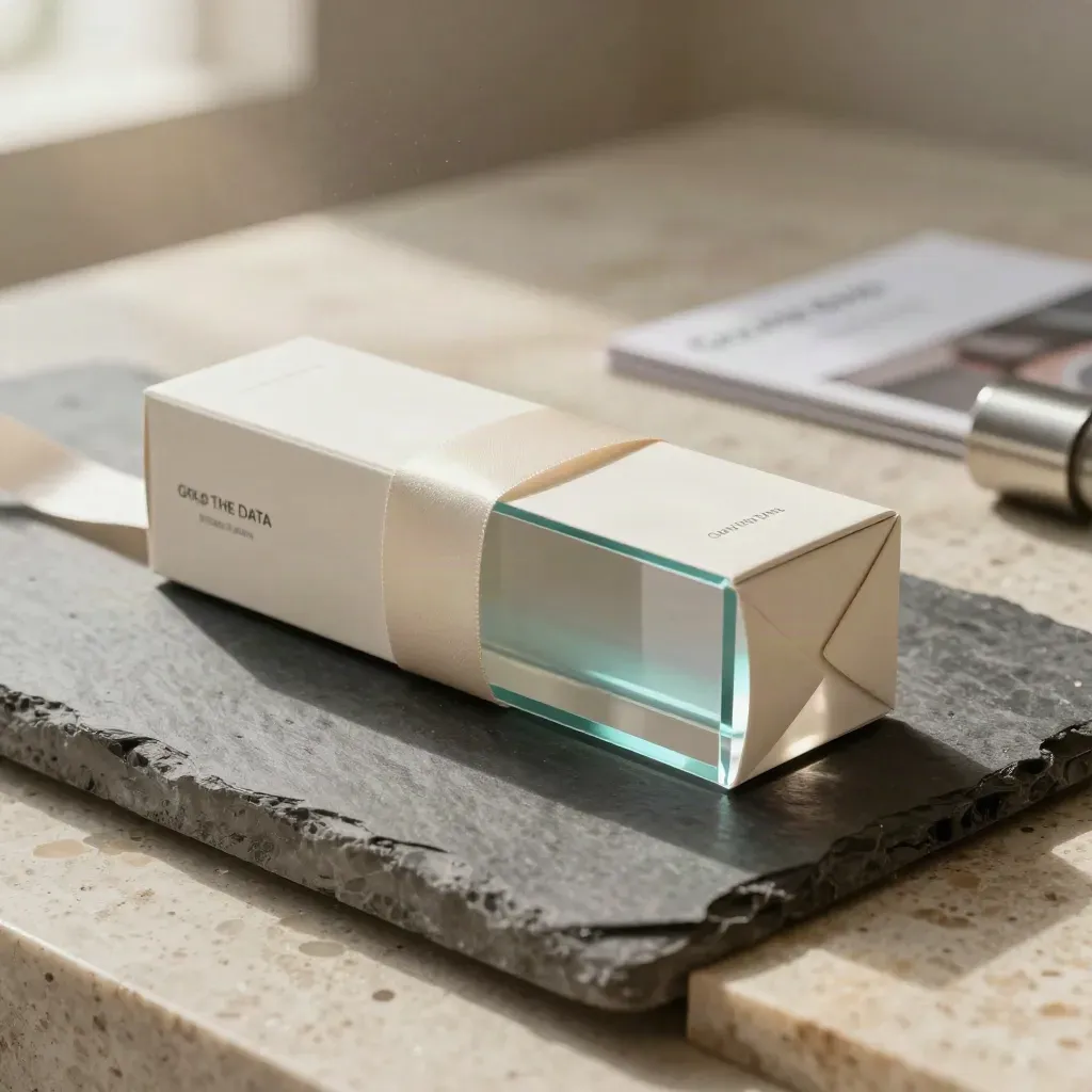 Sealed prospect pack carton with acrylic block gliding on stone in soft daylight.