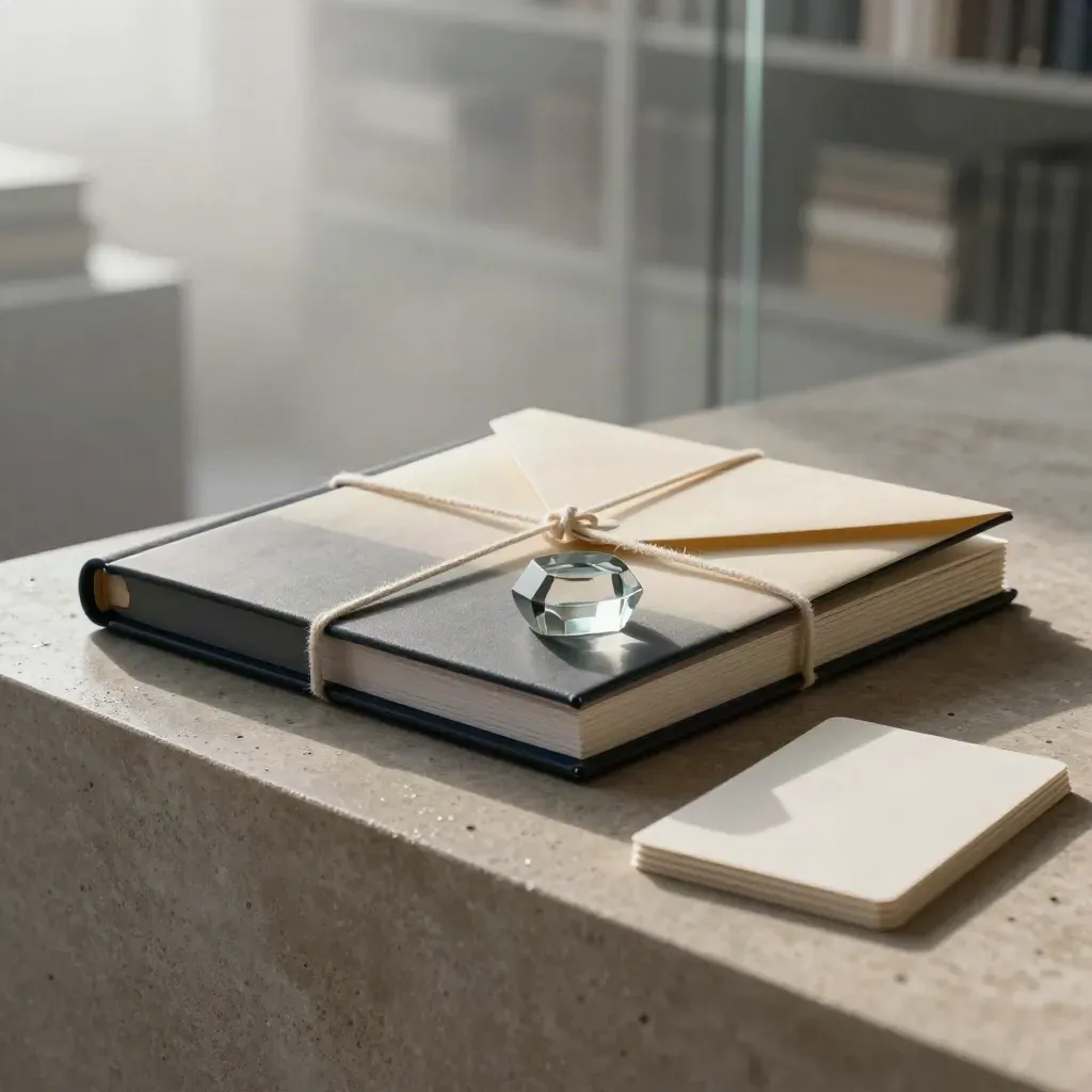 Dossier binder, envelope, paperweight, and export cards on wet stone in dawn mist.