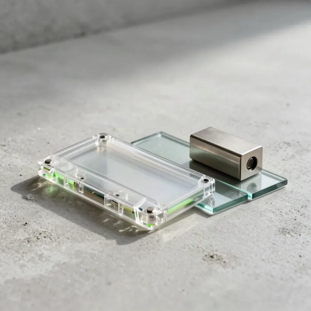 Clear resin cartridge beside metal puck and glass tiles on pale concrete with green glints.