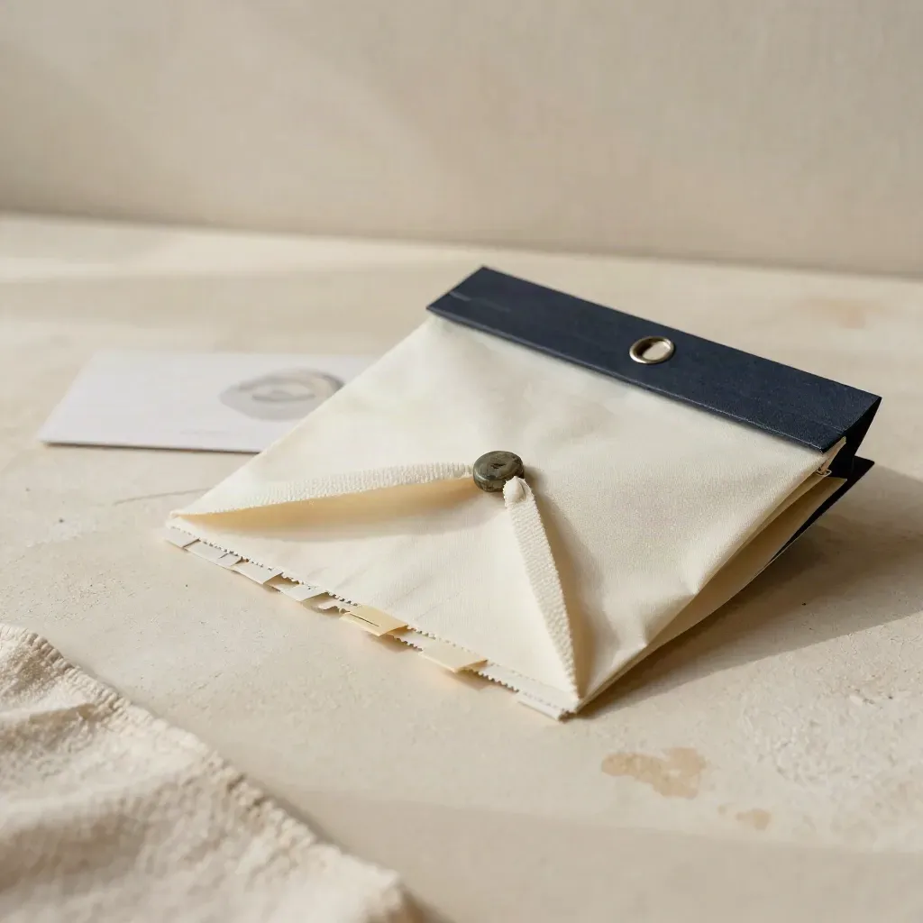 Cream data packet with swatch, tabs and stone weight on warm plaster in soft daylight.