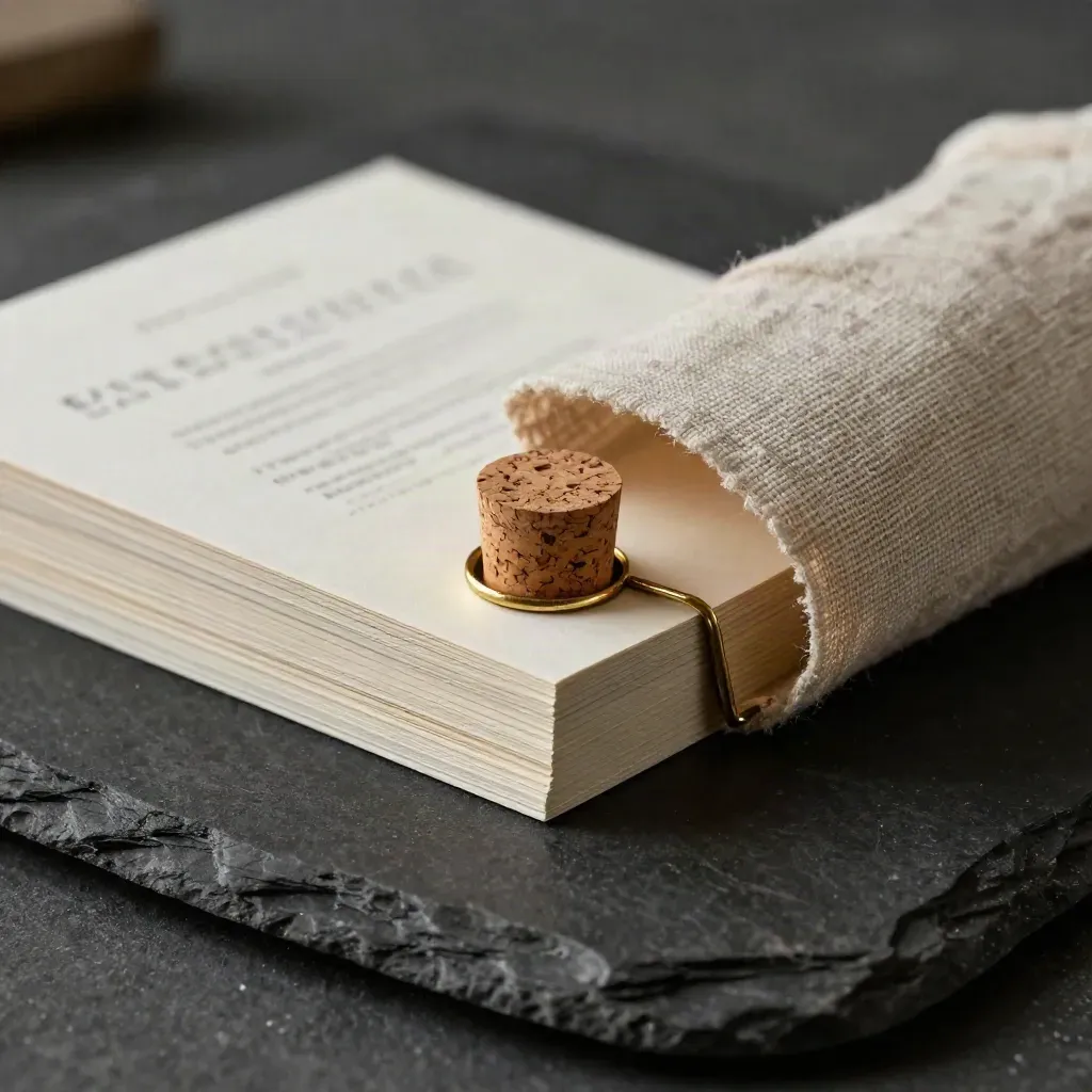 Stacked founder signal cards sliding from a linen sleeve with brass clip on matte-black stone