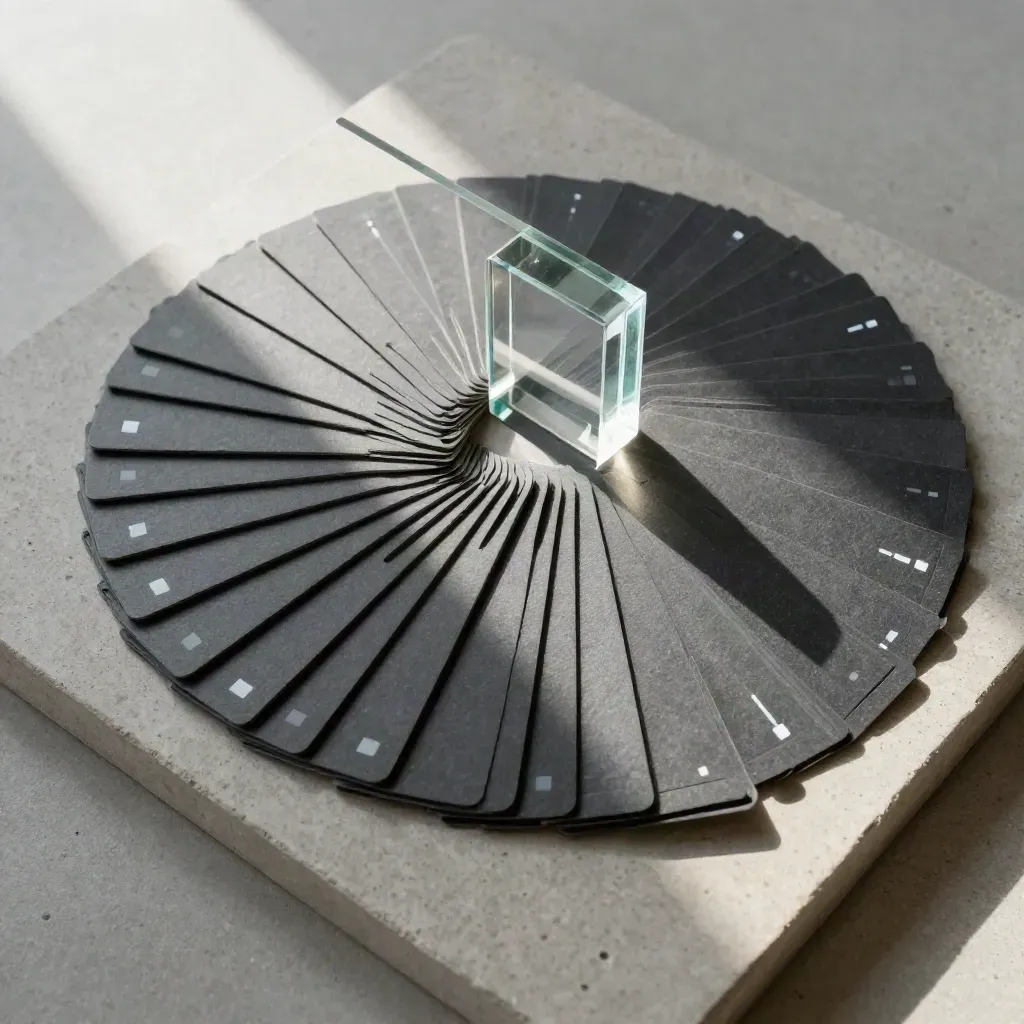 Slate alert cards fanned around a glass block on concrete, seen in precise overhead flatlay.