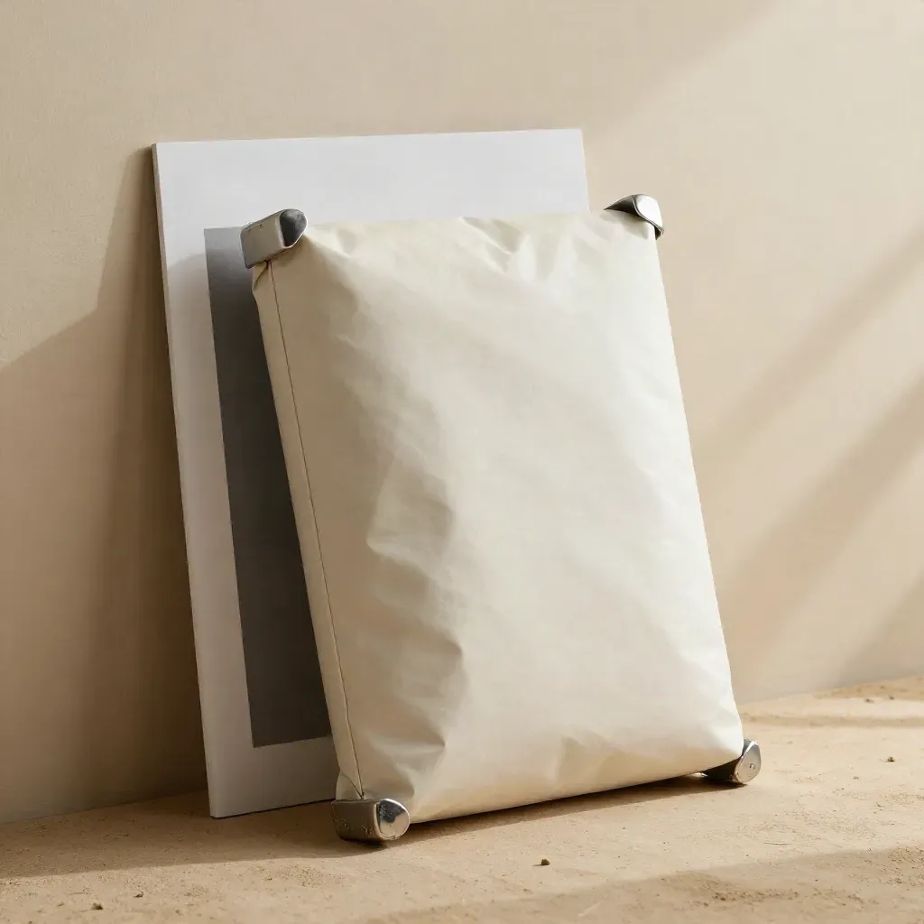 Folded atlas-style data pack with silver corners against a sand plaster block.