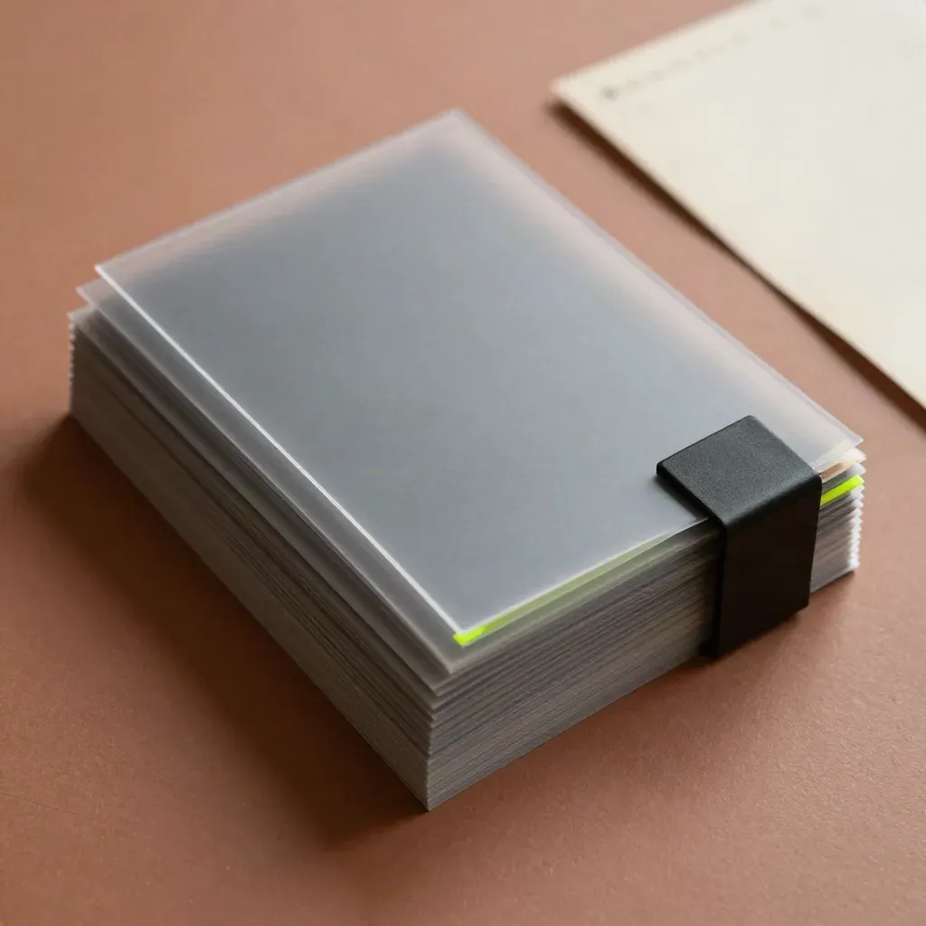 Overhead dossier stack with translucent panes and a dark clip on terracotta clay.