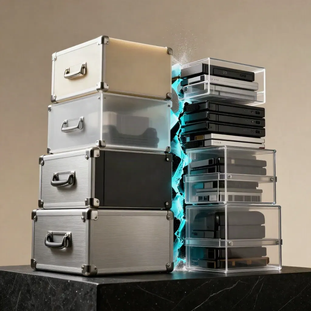 Dramatic stack of sealed data bundles cracking open with cyan light on a dark studio pedestal.