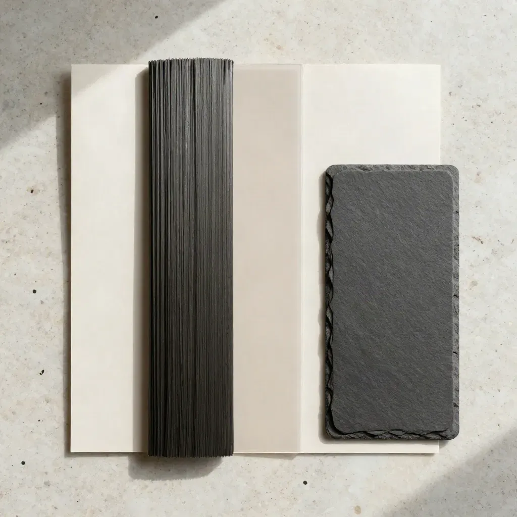 Overhead flatlay of a charcoal lead feed export bundle sliding from a paper sleeve on pale stone.