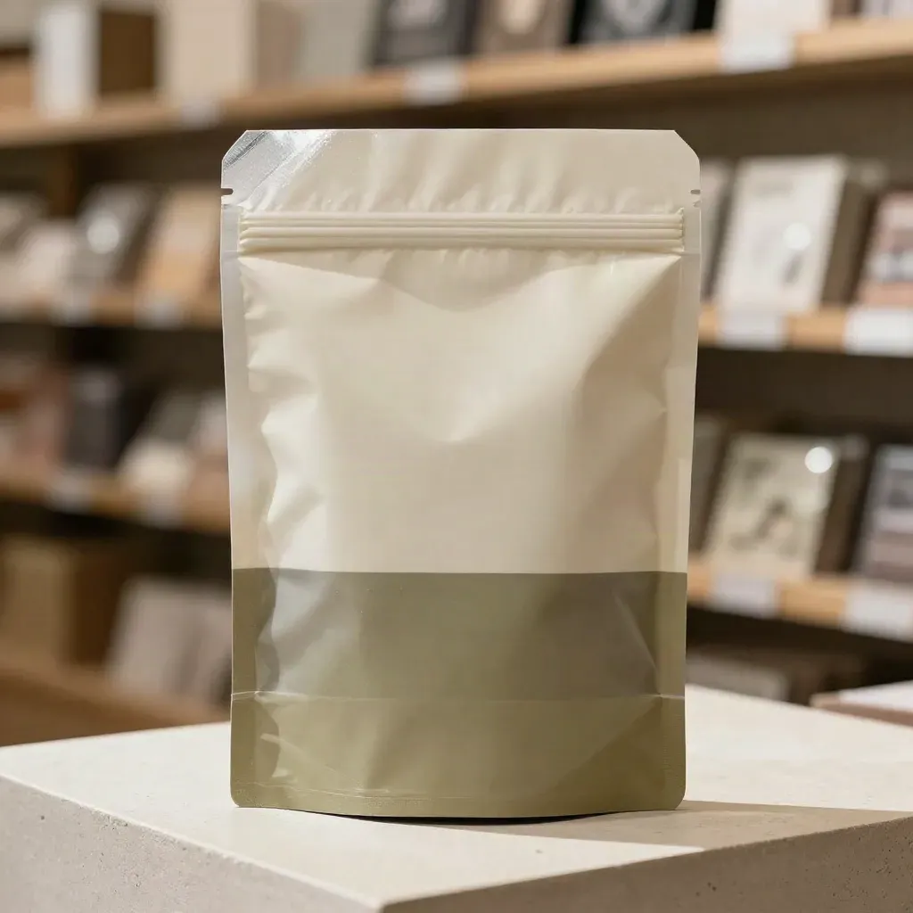 Sealed retail data packet with layered sample cards on pale plaster, softly lit and premium.