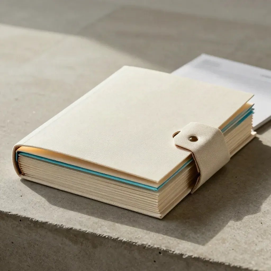 Cream contact folio with dividers and cyan edge on a concrete slab, softly lit.