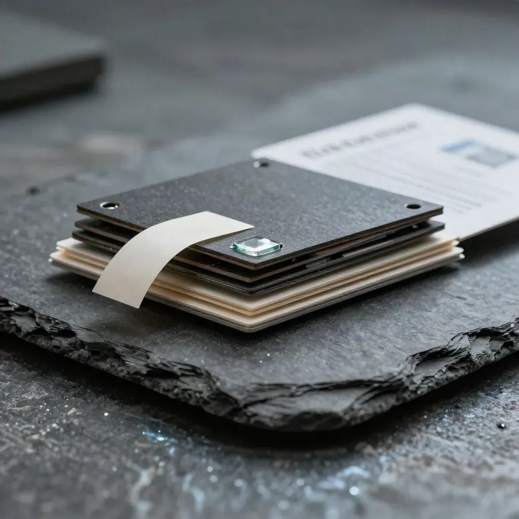 Dark funding data stack with glass chip and paper ribbon on slate stone, dramatic studio light.