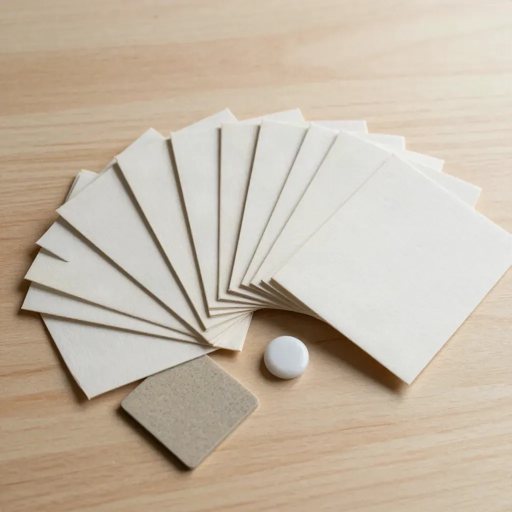 Overhead fan of cream lead cards and a white token on pale wood.