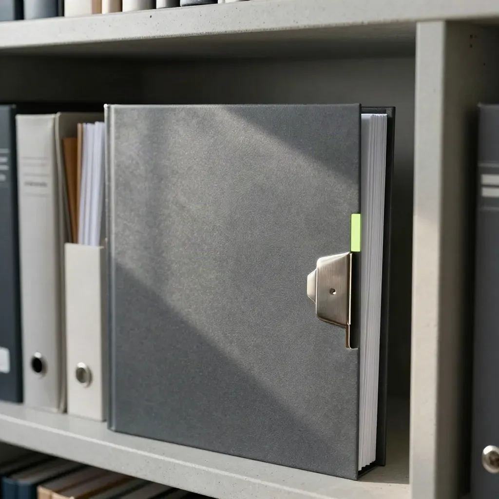 Heavy finance dossier with matte binder, steel clip, and sealed insert on a concrete archive shelf.