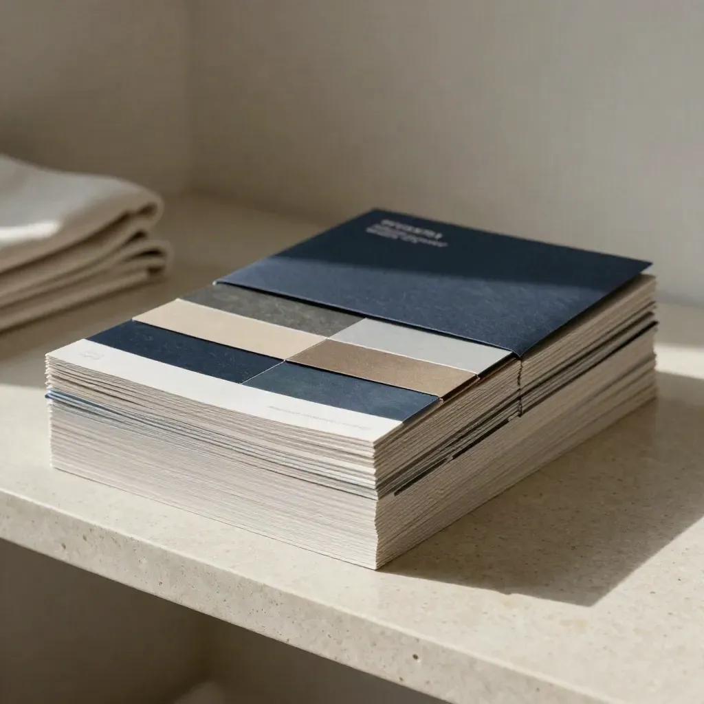 Bespoke report bundle with swatch strip and folded sleeve on pale travertine.