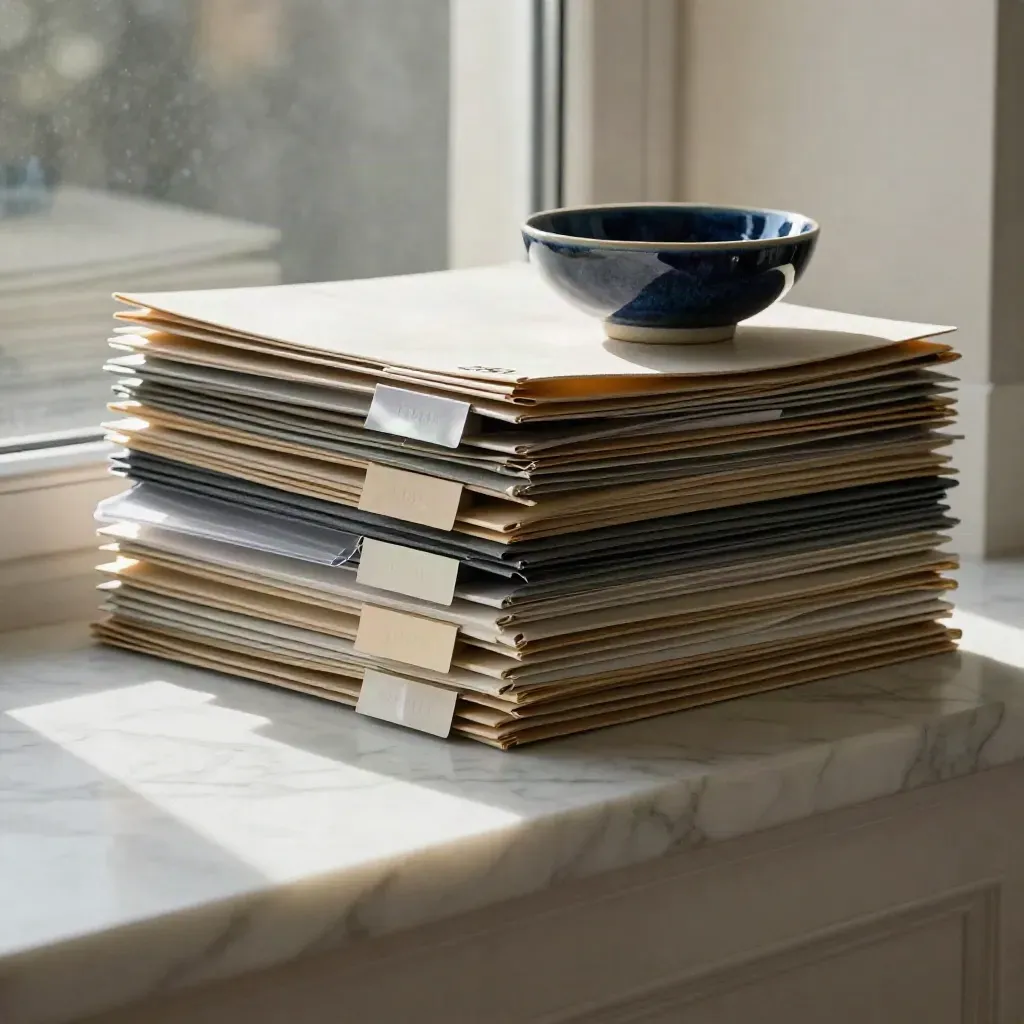 Sunlit marble ledge with neutral folders and a ceramic bowl, soft bokeh, calm copy space.