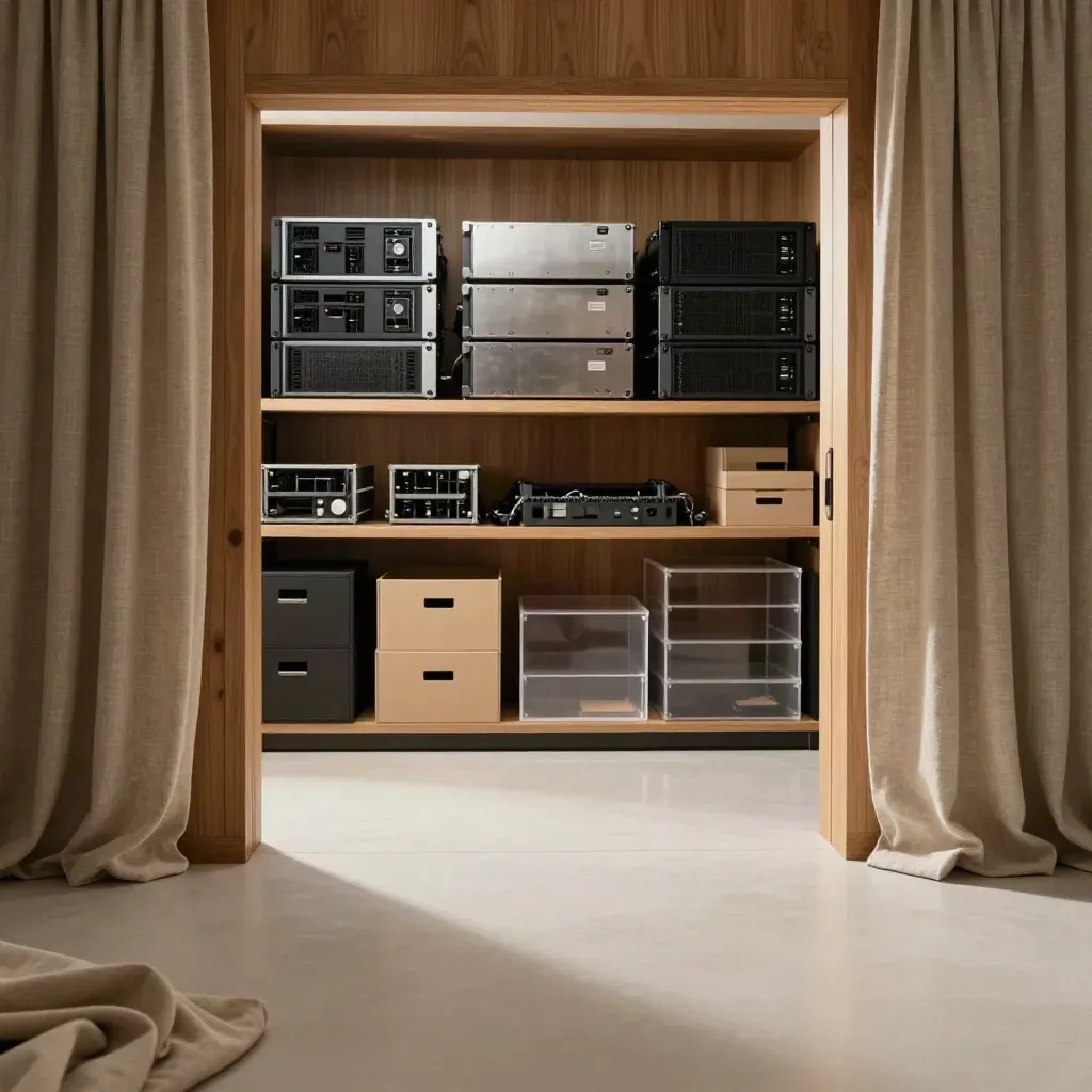 Oak-lined data studio with linen drapery, shelves, and calm copy space