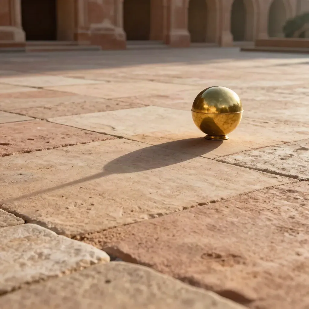 Sunlit sandstone courtyard with brass orb and quiet arch, open stone space for headline