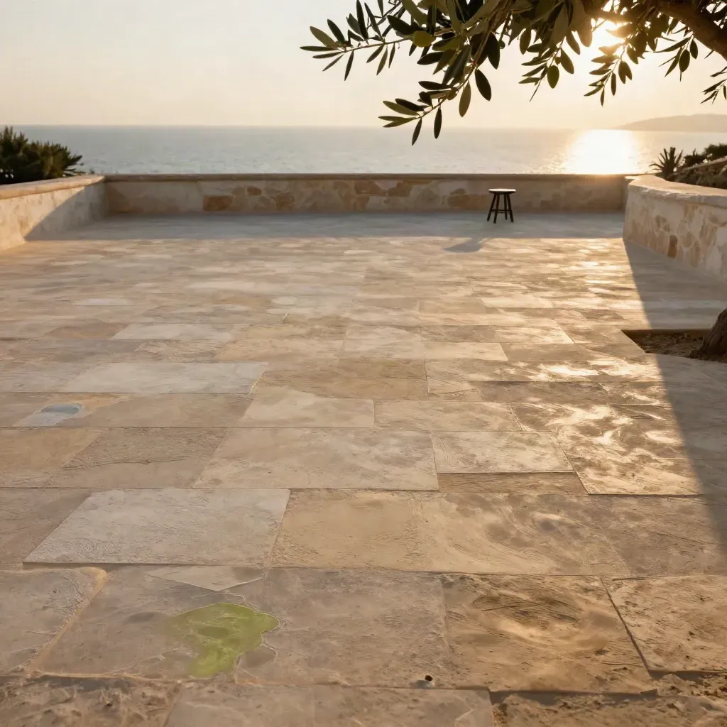 Sunlit plaster terrace with olive branch, stool silhouette, and open calm copy space