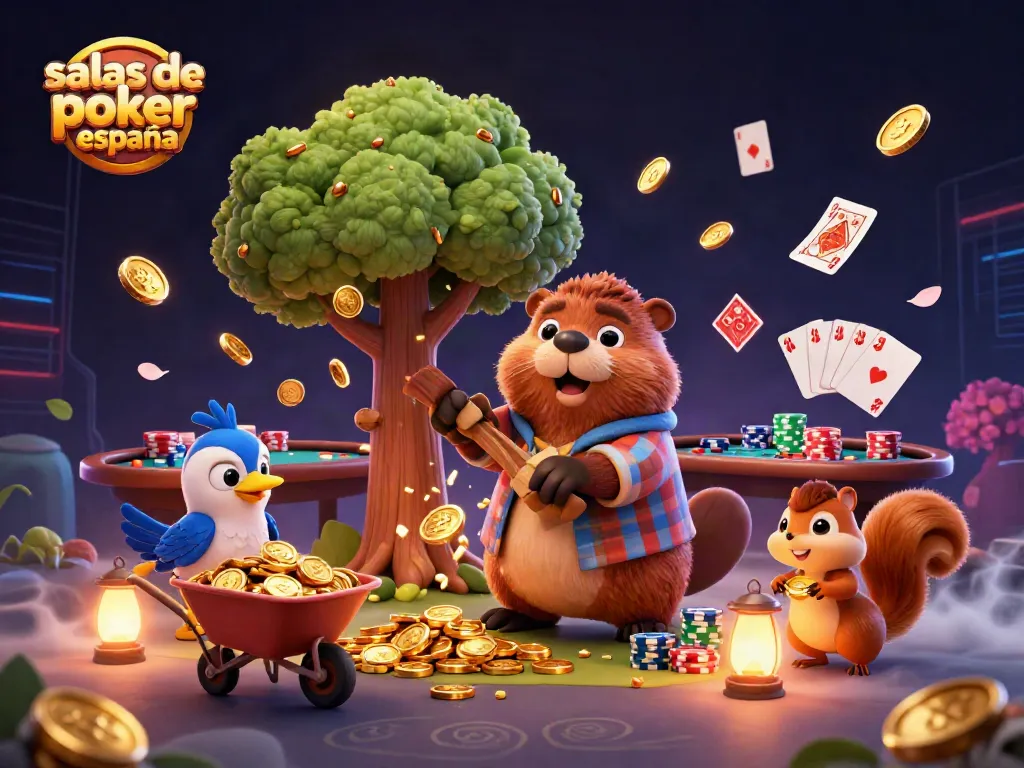 Juega en salas de póker online España con divertidos personajes y elementos de casino en acción.