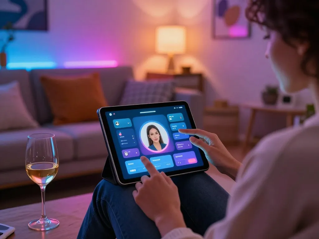 Engaging AI slut chat experience with colorful LED lights and modern setting.