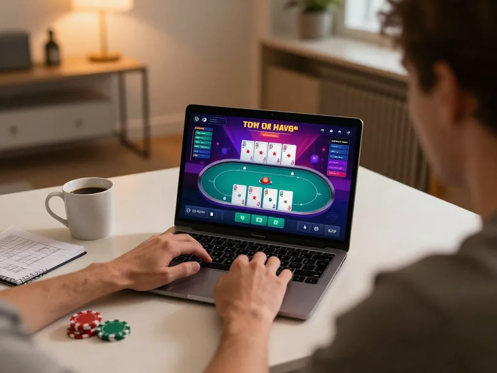Suasana menarik seorang pemain menikmati poker online dengan catatan strategis di rumah