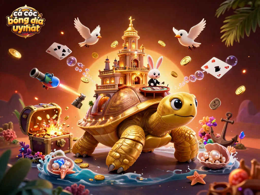 Cá cược bóng đá uy tín với hình ảnh chú rùa vàng khổng lồ mang theo một mini casino và đại lý thỏ trên bàn cược.