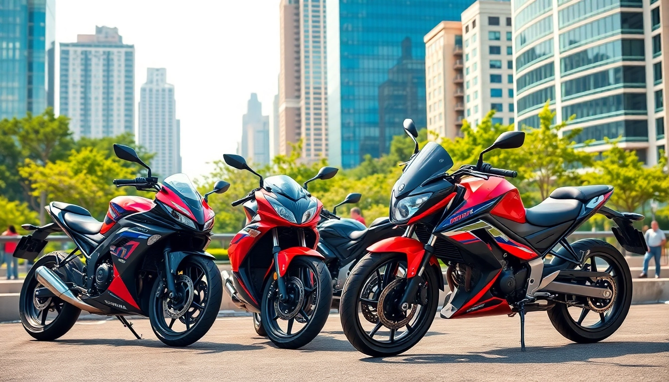 Shop budget DOT approved motorcycles for sale showcased against a lively city backdrop.