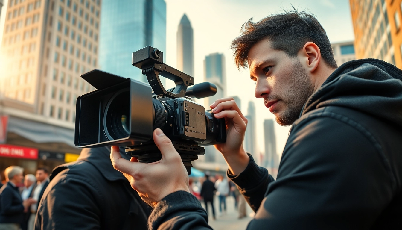 Videographer capturing a city scene with a high-resolution camera in an urban environment.