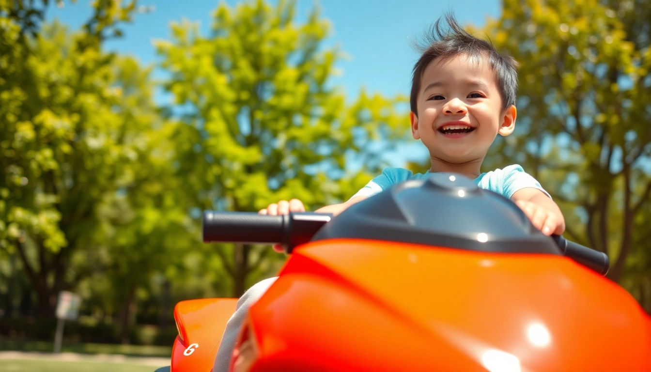 Child happily riding a colorful ride on toy in a sunny park setting.