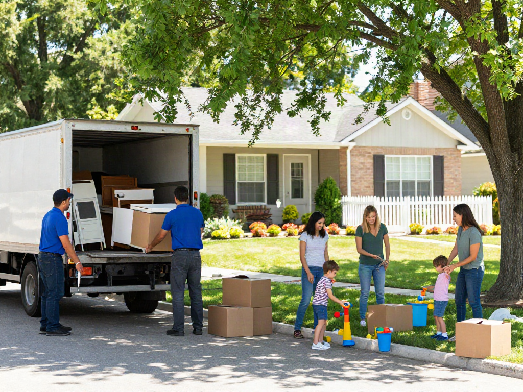 Movers loading a family's belongings into a truck, showcasing a residential moving experience.